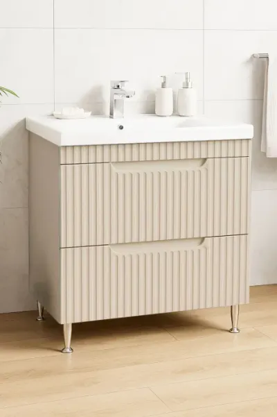 Set Baza front MDF si Lavoar seria 733, cu sertare, montat, 80 cm, crem
