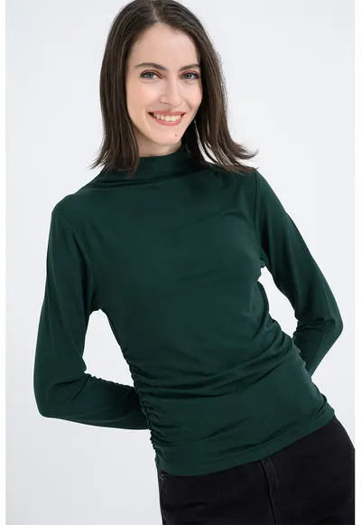 Bluza slim fit uni cu guler inalt - Verde inchis