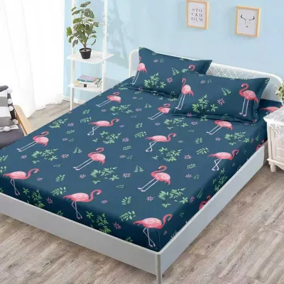 Cearsaf cu Elastic, Bumbac Satinat, 160x200 cm + 2 Fete de Perna 50x70 cm, Albastru petrol, flamingo