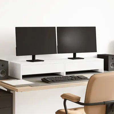 vidaXL Suport monitor cu sertare, alb, 100x27x15 cm, lemn stratificat