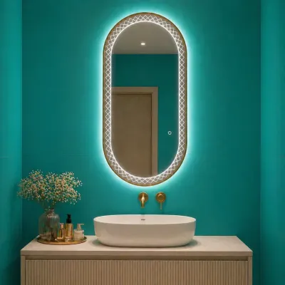 Oglinda LED Premium 120x70 cm Ovala Iluminare Ambientala 3 Culori Touch Design Elegant cu Model Decorativ