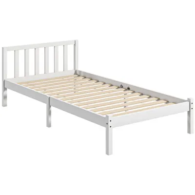 HOMCOM Rama de pat simplă, cu cap de pat și somieră, spațiu de 26 cm sub pat, pin, 208x96x70 cm, Alb | Aosom Romania