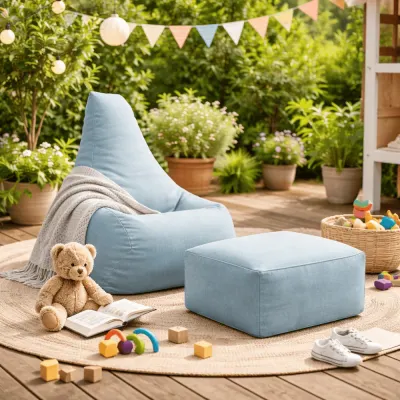 Fotoliu tip puf Premium MeowBaby Tearo Outzy Cloudberry Sky Blue Sako bag, cu suport pentru picioare