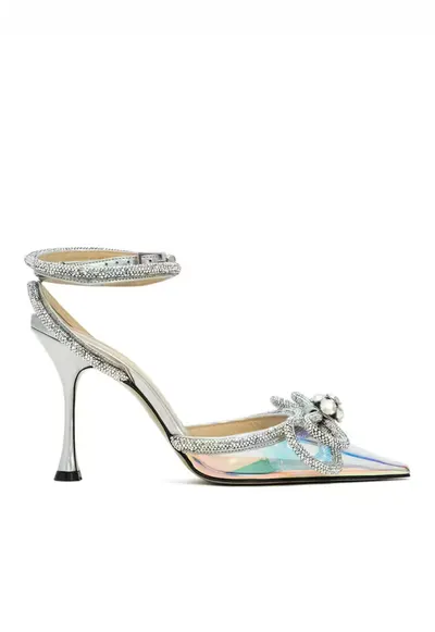 Pantofi dama - Double Bow Swarovski Crystal 10cm Holographic - Argintiu/Transparent