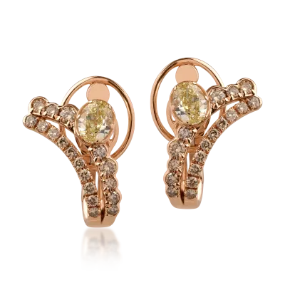Cercei din aur roz cu diamante fancy galbene ovale de 1.63ct si diamante maro round de 1.1ct