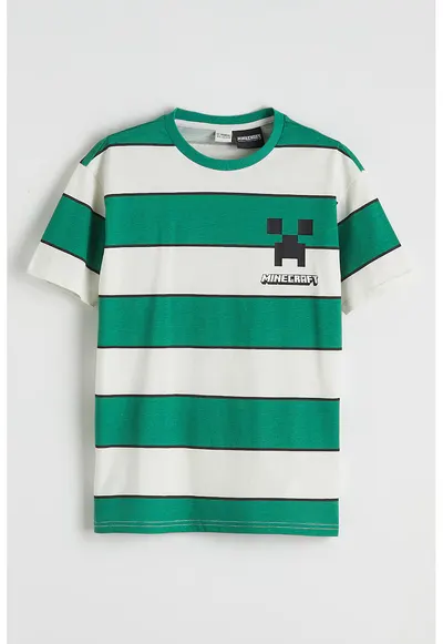 Tricou cu model tematic Minecraft si dungi - Alb/Verde/Negru