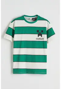 Tricou cu model tematic Minecraft si dungi - Alb/Verde/Negru