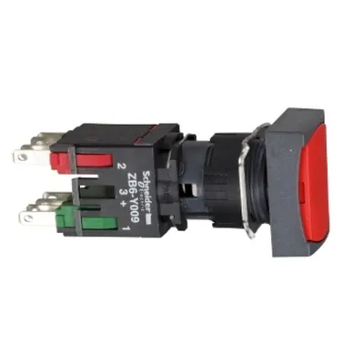 Buton Rosu Incastrat Ø16, dreptunghiular, Revenire cu Arc, 1 No+1 Nc, Nemarcat