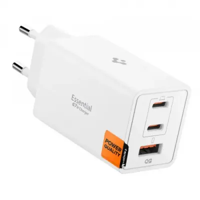 Incarcator Retea Spigen Essential, 67W, 3.25A, 1 x USB-A - 2 x USB-C, ACH08710 (Alb)