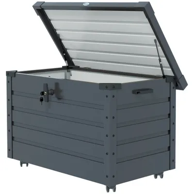 Outsunny Ladă de Grădină de 295L cu Încuietoare, 2 Mânere și 4 Rotile, Mobilier Depozitare din Oțel, 100x62x65 cm, Gri | Aosom Romania