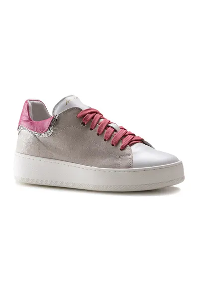 Pantofi sport de piele cu detaliu stralucitor - Alb/Fucsia/Argintiu