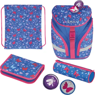 Set școlar Herlitz SoftLight Plus - Butterfly, ghiozdan, două penare și un săculeț