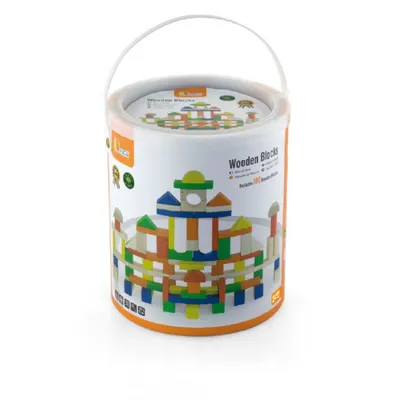 Set 100 cuburi de construit, Viga, din lemn, colorate, 2.5 cm