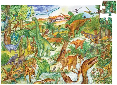 Puzzle pentru atentie Djeco 100 piese - Dinozauri, cu o carte