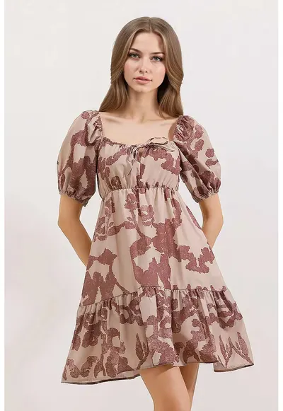 Rochie mini dama - HiCCUP - forma de A - decolteu patrat - bumbac/poliester - roz