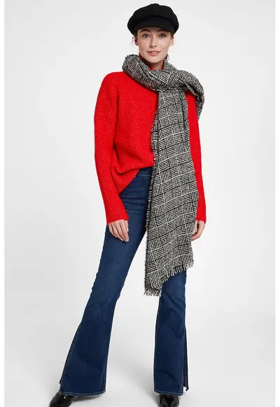 Pulover cu guler inalt si model uni - Rosu vermillion