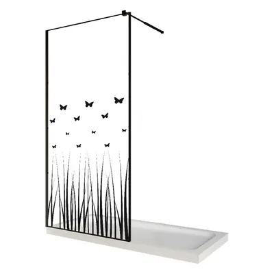 Paravan dus walk in / Perete dus sticla cu model Butterfly 103 6 mm profil negru mat tija extensibila 100 x 200 cm