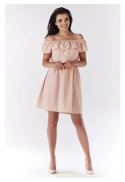 Rochie mini de vara stil spaniol cu volan - - Roz pudrat