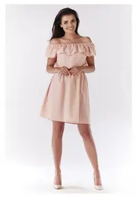 Rochie mini de vara stil spaniol cu volan - - Roz pudrat