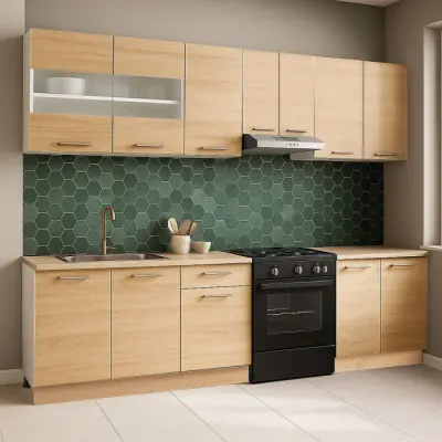 Set bucatarie GERMANIA 240 cm, 7 corpuri, blat gros, sonoma