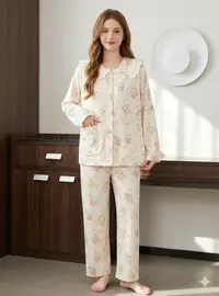 Pijama dama cu guler mare, din doua piese, PJ011, Bej