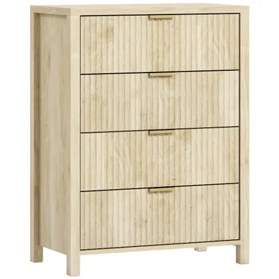 HOMCOM Comodă pentru Dormitor cu 4 Sertare Canelate, Comodă din Lemn cu Mânere Aurii, pentru Sufragerie, Sala de Mese și Hol, 70x38x93 cm, Lemn Natural | Aosom Romania
