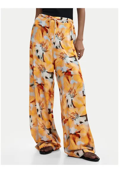 Pantaloni dama - croiala larga - floral - portocaliu - viscoza - set cu curea