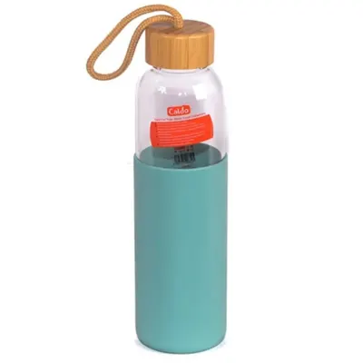 Recipient din Sticla Termorezistenta pentru Apa, 600 ml, Capac Bambus, Husa Silicon, Caldo