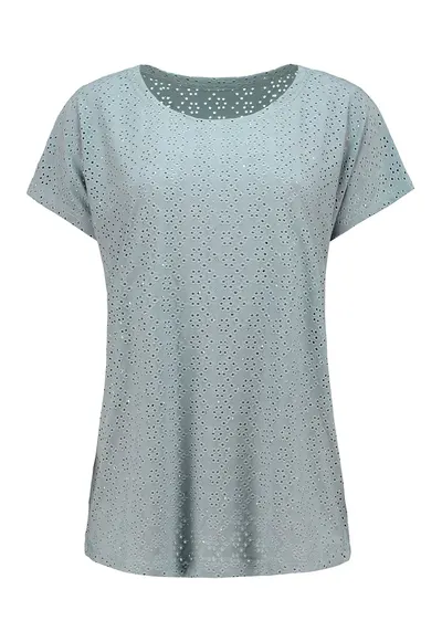 Tricou cu decolteu rotund si broderie - Verde feriga