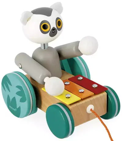 Jucărie pentru tragere din lemn Janod Tropik - Lemur cu xilofon