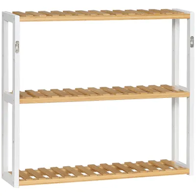 HOMCOM Raft de perete din bambus cu 3 polițe flotante pentru living, dormitor, bucătărie 60x15x54 cm natural și alb | Aosom Romania