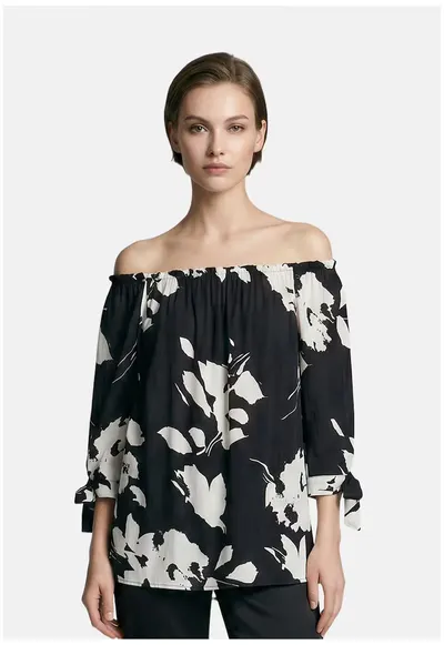 Bluza cu decolteu pe umeri si maneci trei sferturi - Negru