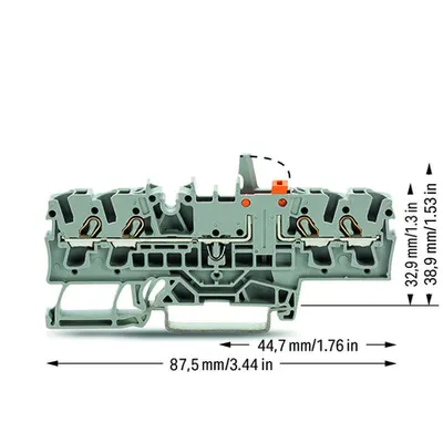 4-conductor disconnect/test terminal block; with mechanical interlock; with test option; orange disconnect link; for DIN-rail 35 x 15 and 35 x 7.5; 2.5 mm²; Push-in CAGE CLAMP®; 2,50 mm²; gray