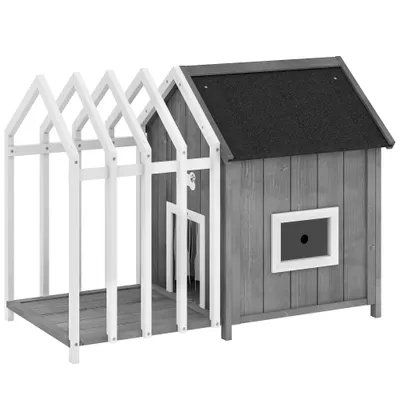 PawHut Niche pentru câine de exterior din lemn casă pentru câine de exterior cu terasă, ușă cu plăci, 106 x 62,5 x 80,5 cm, gri | Aosom Romania
