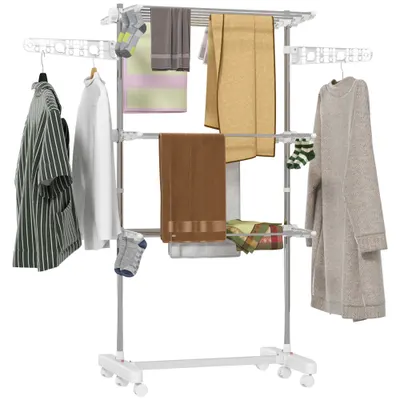 HOMCOM Uscător Vertical de Rufe Pliabil cu 6 Roți și 3 Rafturi Reglabile, 142x55x172 cm, Alb și Argintiu | Aosom Romania