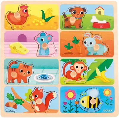 Puzzle din lemn pentru copii Goula din 8 piese - Cine ce mănâncă?