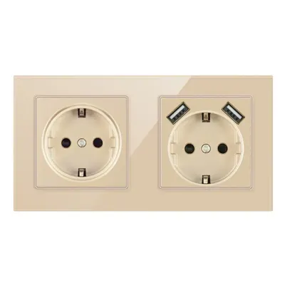 Priza Dubla De Perete Cu 2 Porturi USB Si Panou Din Sticla Techstar® TS-G, 110-250V, 16A, Ignifuga, 80x151mm, Auriu