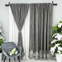 Set 3 bucati de Draperie Blackout 80%, din Catifea cu Broderie Elite V2, Gri- 200cm latime x 240cm inaltime, cu rejansa pt bara