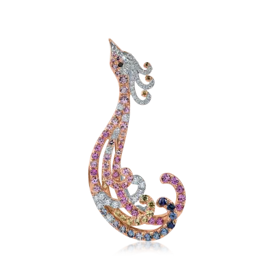 Brosa paun din aur alb-roz cu diamante de 0.3ct si safire multicolore de 0.5ct