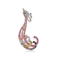 Brosa paun din aur alb-roz cu diamante de 0.3ct si safire multicolore de 0.5ct
