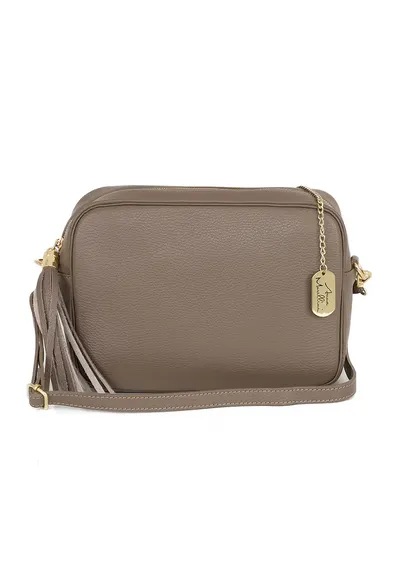 Geanta crossbody de piele cu bareta detasabila - Maro taupe