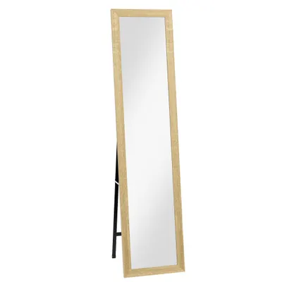 HOMCOM, Oglindă pe suport, pentru perete sau așezare, cu ramă din lemn, pentru living sau dormitor, 37 x 155 cm, maro deschis | Aosom Romania