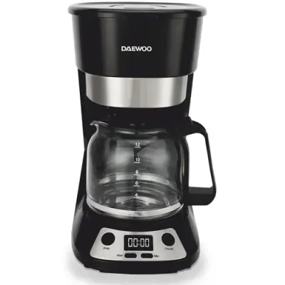 Cafetiera Daewoo DCM90BX, 900 W, 1.5 litri, display LCD, filtru permanent, anti-picurare, timer, functie pornire automata, mentinere cald 40 min (Negru/Inox)