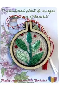Brosa martisor: Mini gherghef. Crenguta cu frunze