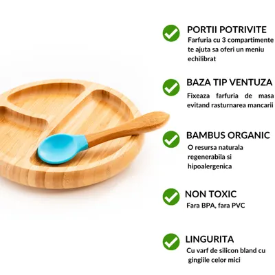 Set diversificare pentru copii castron, farfurie si doua lingurite din bambus Oaki albastru