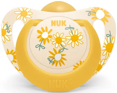 Suzeta din cauciuc Nuk - Star, peste 18 luni, galbena cu flori
