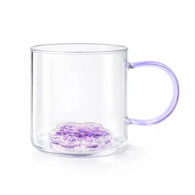 Cană cu model 3D floare mov, pereți dubli, sticlă borosilicată și inserție de sclipici, 300 ml, Aurora Glow