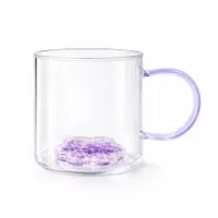 Cană cu model 3D floare mov, pereți dubli, sticlă borosilicată și inserție de sclipici, 300 ml, Aurora Glow