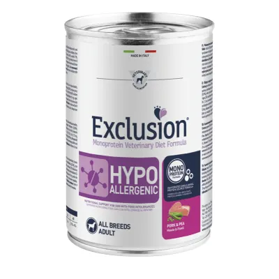 EXCLUSION Monoprotein VD Hypoallergenic, XS-XL, Porc și Mazăre, dietă veterinară, conservă hrană umedă fără cereale câini, alergii, (pate), 400g