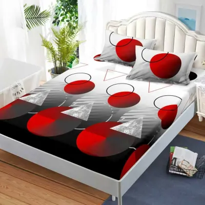 Cearsaf cu Elastic, Bumbac Satinat, 180x200 cm + 2 Fete de Perna 50x70 cm, Negru, Rosu, abstract